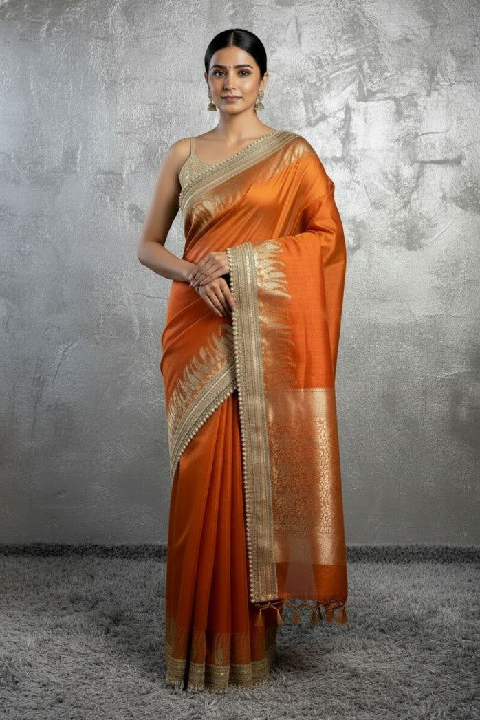 Regal Orange Banarasi Tissue Silk Saree with Antique Zari & Pearl Border