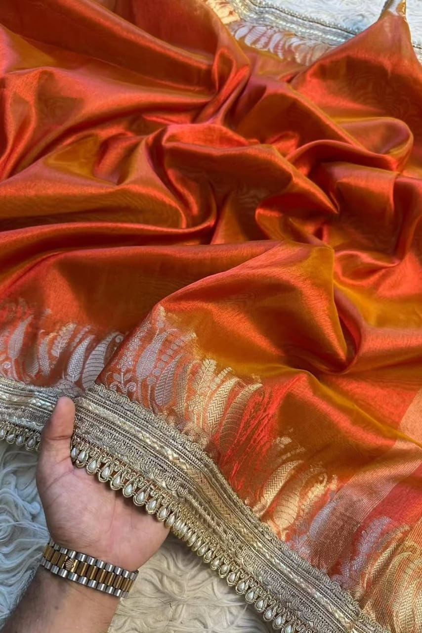 Regal Orange Banarasi Tissue Silk Saree with Antique Zari & Pearl Border