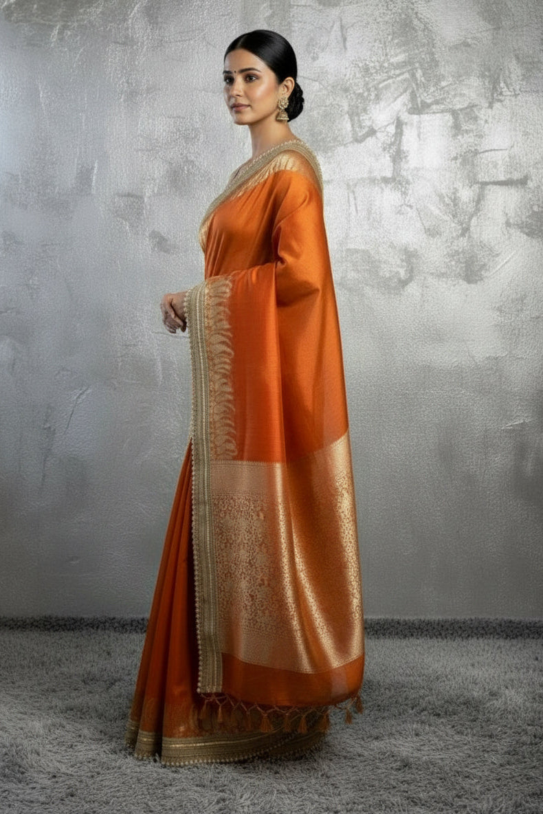 Regal Orange Banarasi Tissue Silk Saree with Antique Zari & Pearl Border