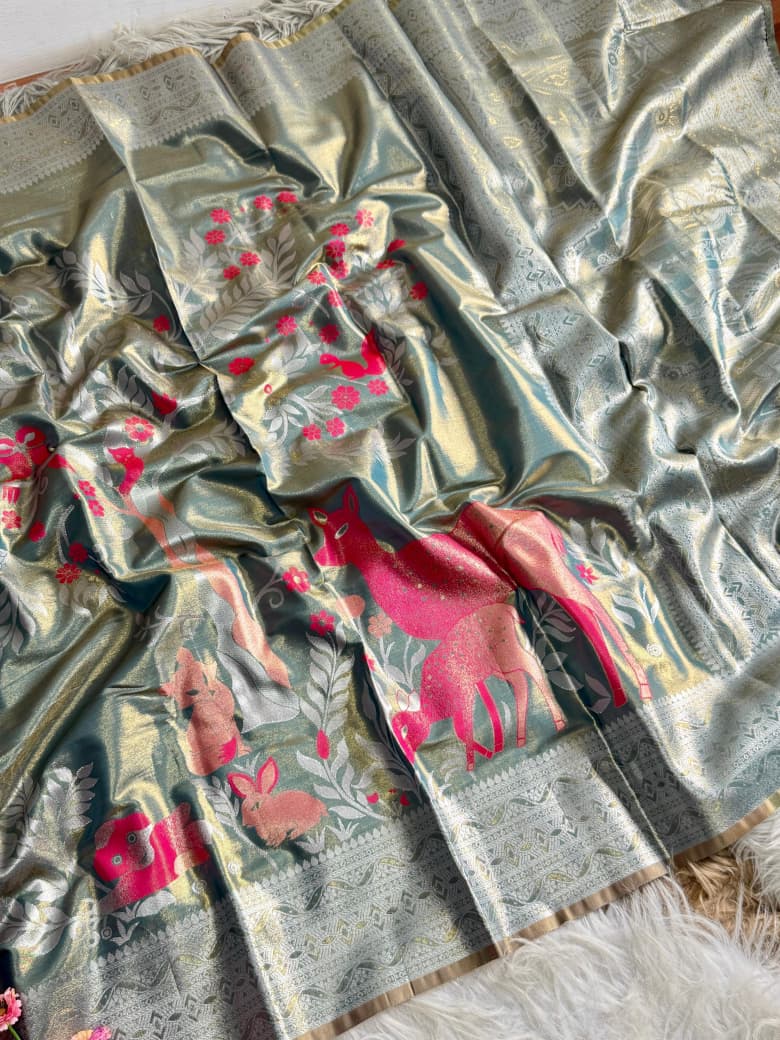 Pista Green Premium Tissue Silk Saree with Deer & Floral Zari Motifs
