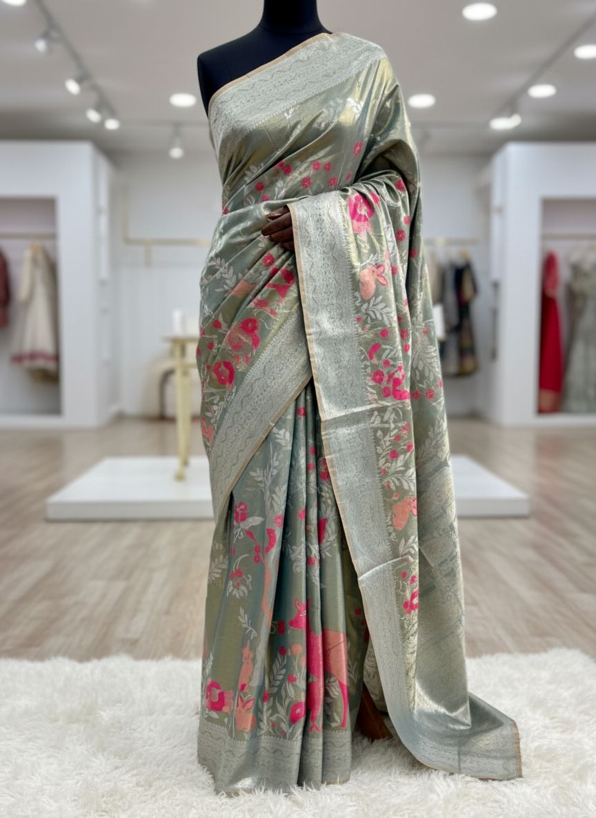 Pista Green Premium Tissue Silk Saree with Deer & Floral Zari Motifs