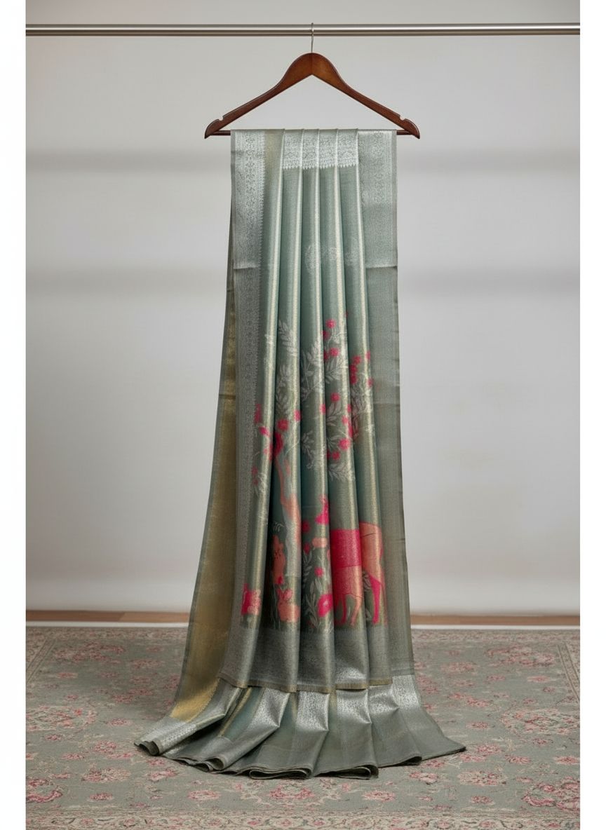 Pista Green Premium Tissue Silk Saree with Deer & Floral Zari Motifs