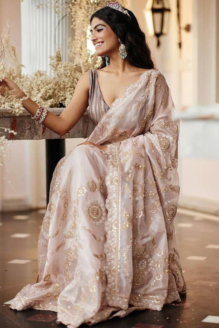 Regal Soft Satin Organza Saree with Heavy Embroidery & Contrast Blouse