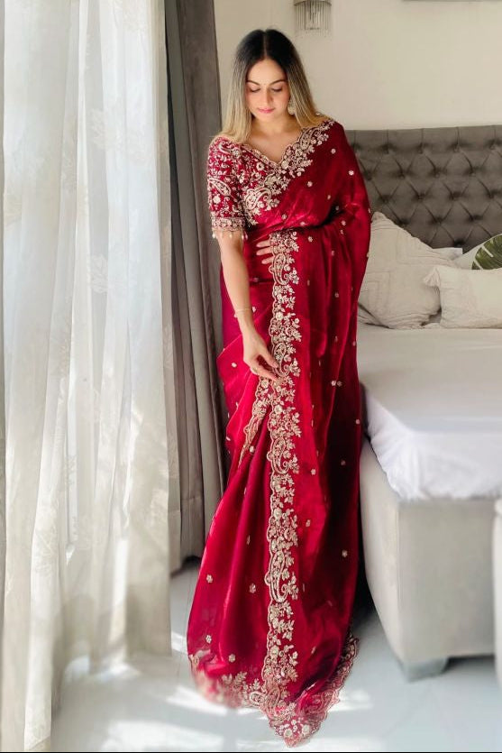 Premium Fendy Satin Saree with 3mm Sequin Embroidery & Heavy Border