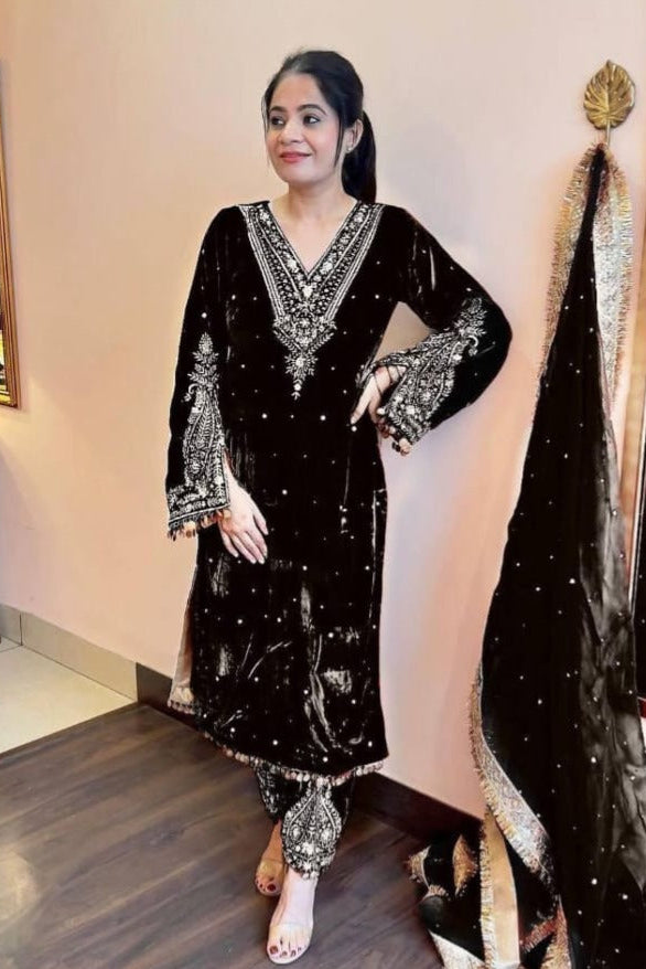 Navy Blue Premium Velvet Suit Set with Hand Embroidery & Chiffon Dupatta