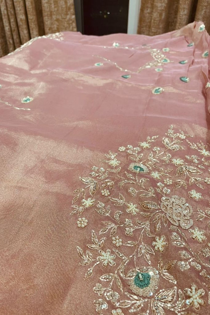 Blush Pink Tissue Kanjivaram Saree with Silver Zari & Teal Floral Embroidery