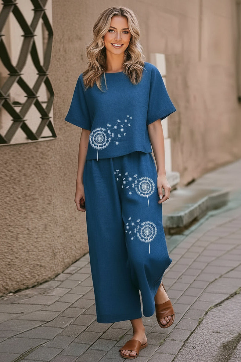 Navy Blue Boho Cotton Slub Cord Set – Comfort Fit Top & Wide-Leg Pants