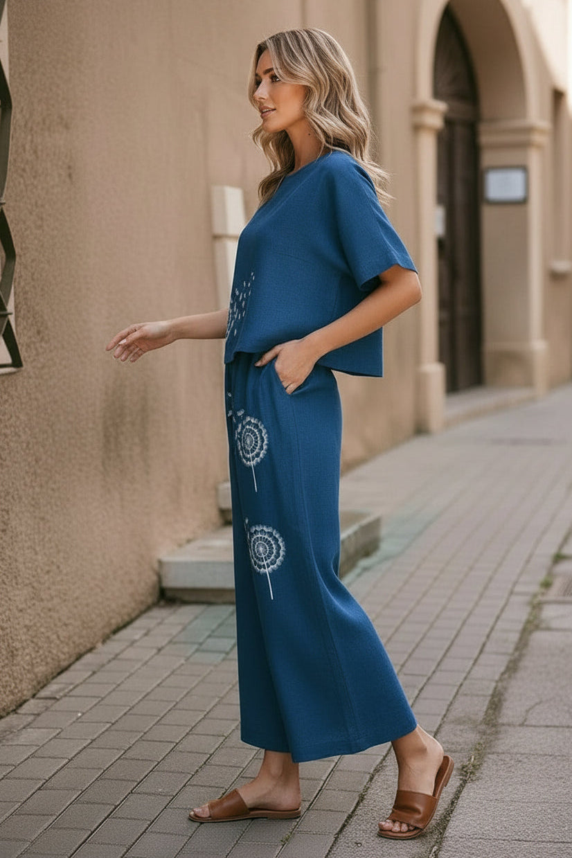 Navy Blue Boho Cotton Slub Cord Set – Comfort Fit Top & Wide-Leg Pants