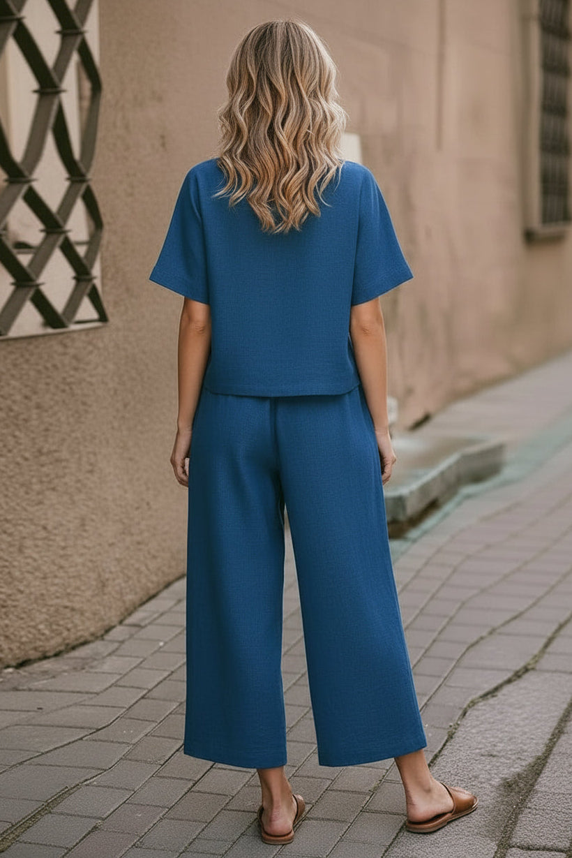 Navy Blue Boho Cotton Slub Cord Set – Comfort Fit Top & Wide-Leg Pants