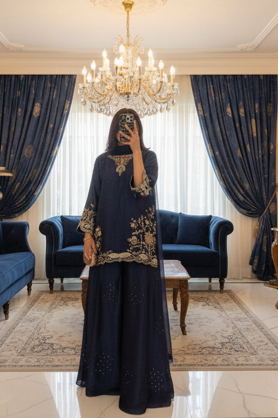 Midnight Royale Crepe Silk Sharara Set with Organza Dupatta