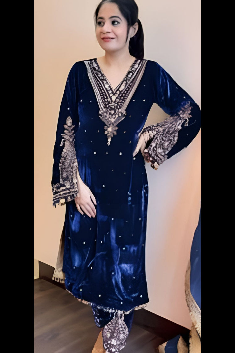 Navy Blue Premium Velvet Suit Set with Hand Embroidery & Chiffon Dupatta