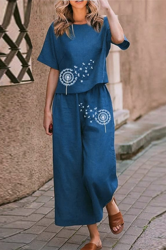 Navy Blue Boho Cotton Slub Cord Set – Comfort Fit Top & Wide-Leg Pants