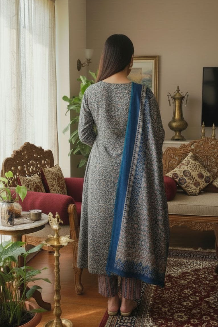 Navy Blue Ajrakh Print Straight Cotton Kurti Pant Set with Dupatta