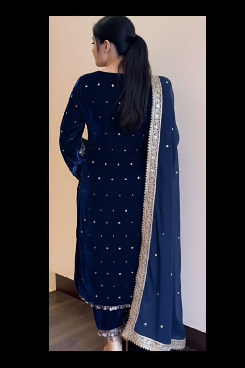Navy Blue Premium Velvet Suit Set with Hand Embroidery & Chiffon Dupatta