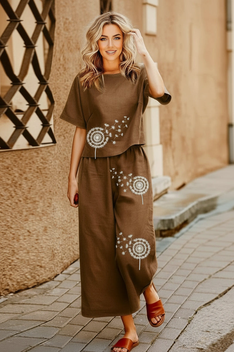 Boho Brown Dandelion Print Cotton Slub Cord Set