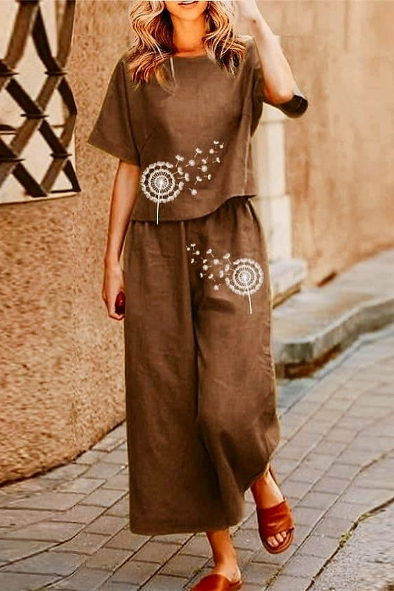 Boho Brown Dandelion Print Cotton Slub Cord Set