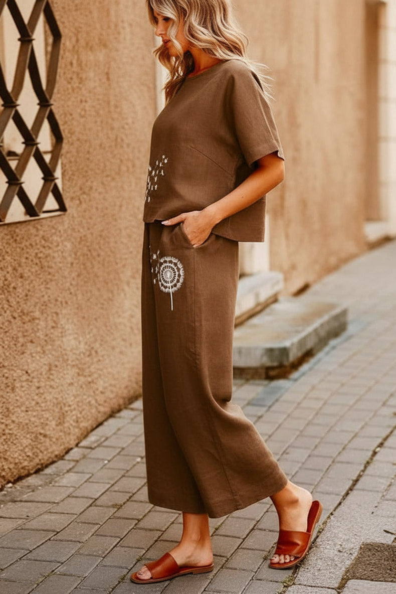 Boho Brown Dandelion Print Cotton Slub Cord Set