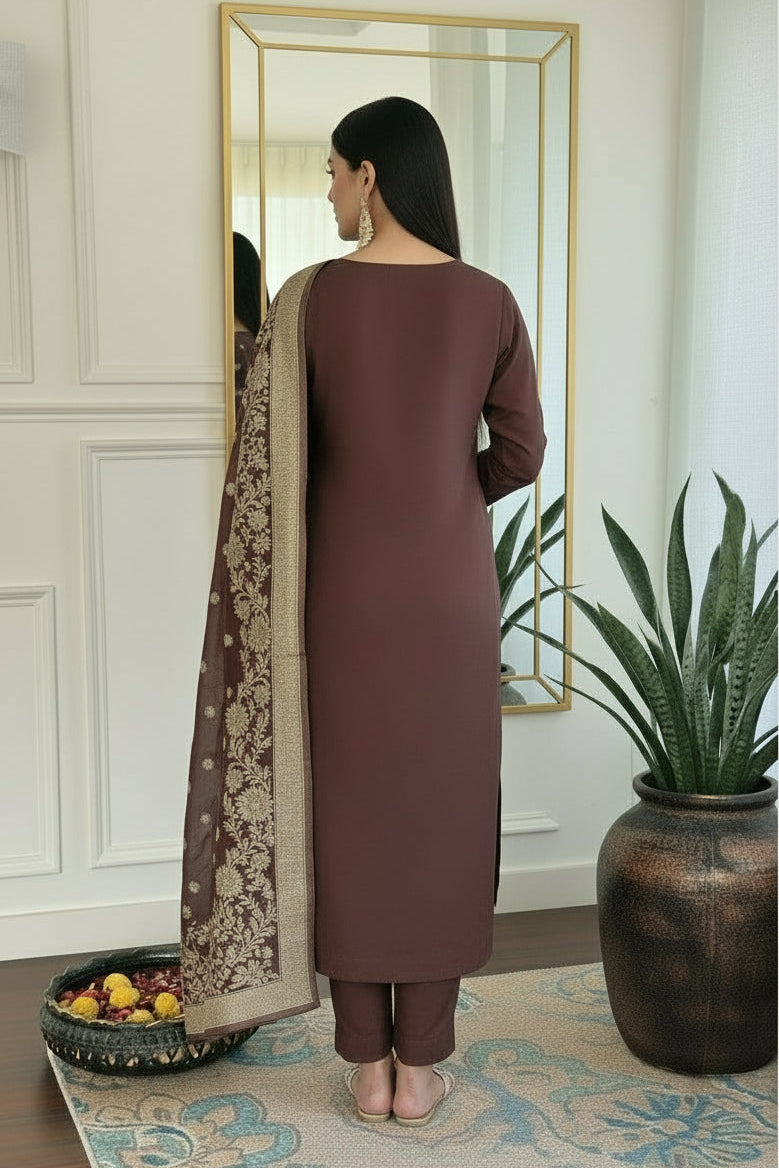 Mocha Brown Pure Silk Embroidered Suit with Dupatta