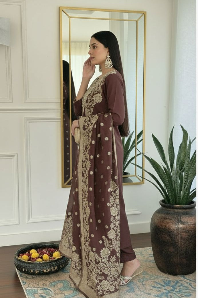 Mocha Brown Pure Silk Embroidered Suit with Dupatta