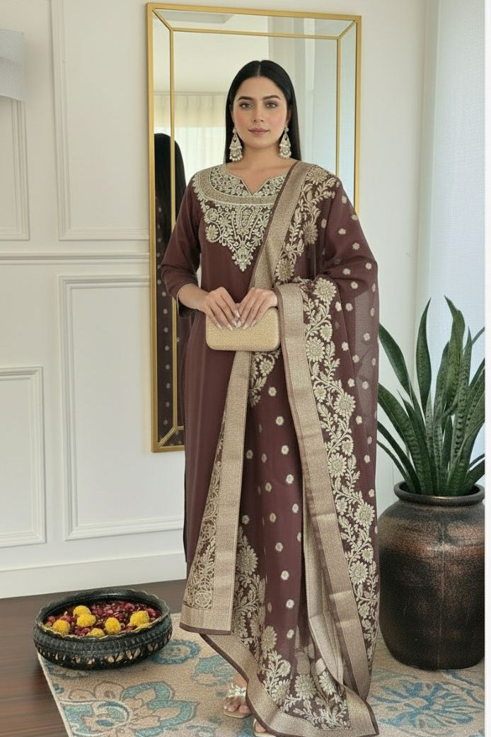 Mocha Brown Pure Silk Embroidered Suit with Dupatta