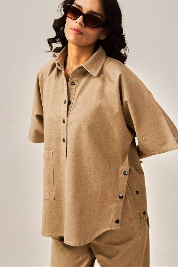 Minimalist Beige Cotton Slub Cord Set