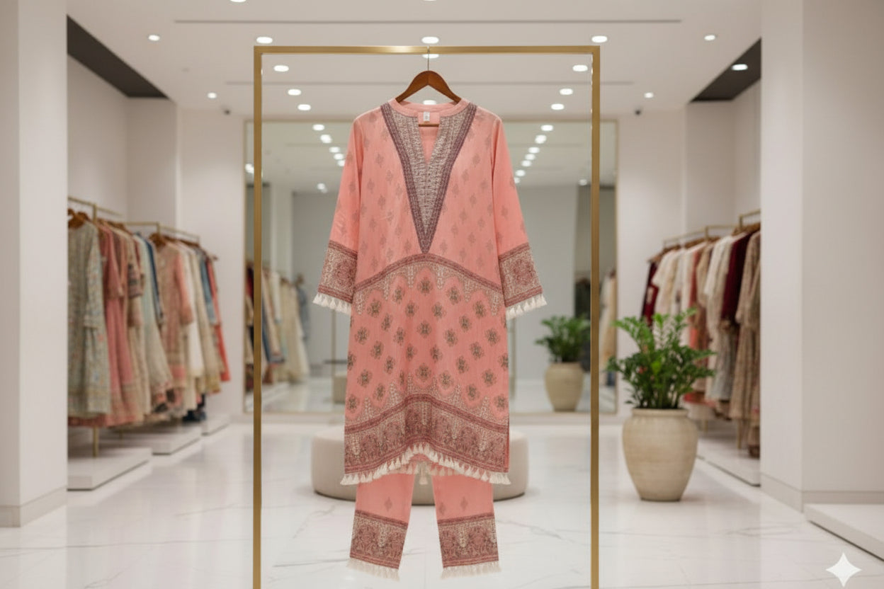 Blush Pink Chinon Silk Cord Set with Seashell & Jute Lace Border