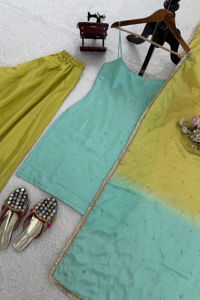 Aqua Lime Chinon Silk Sequins Palazzo Set with Designer Dupatta