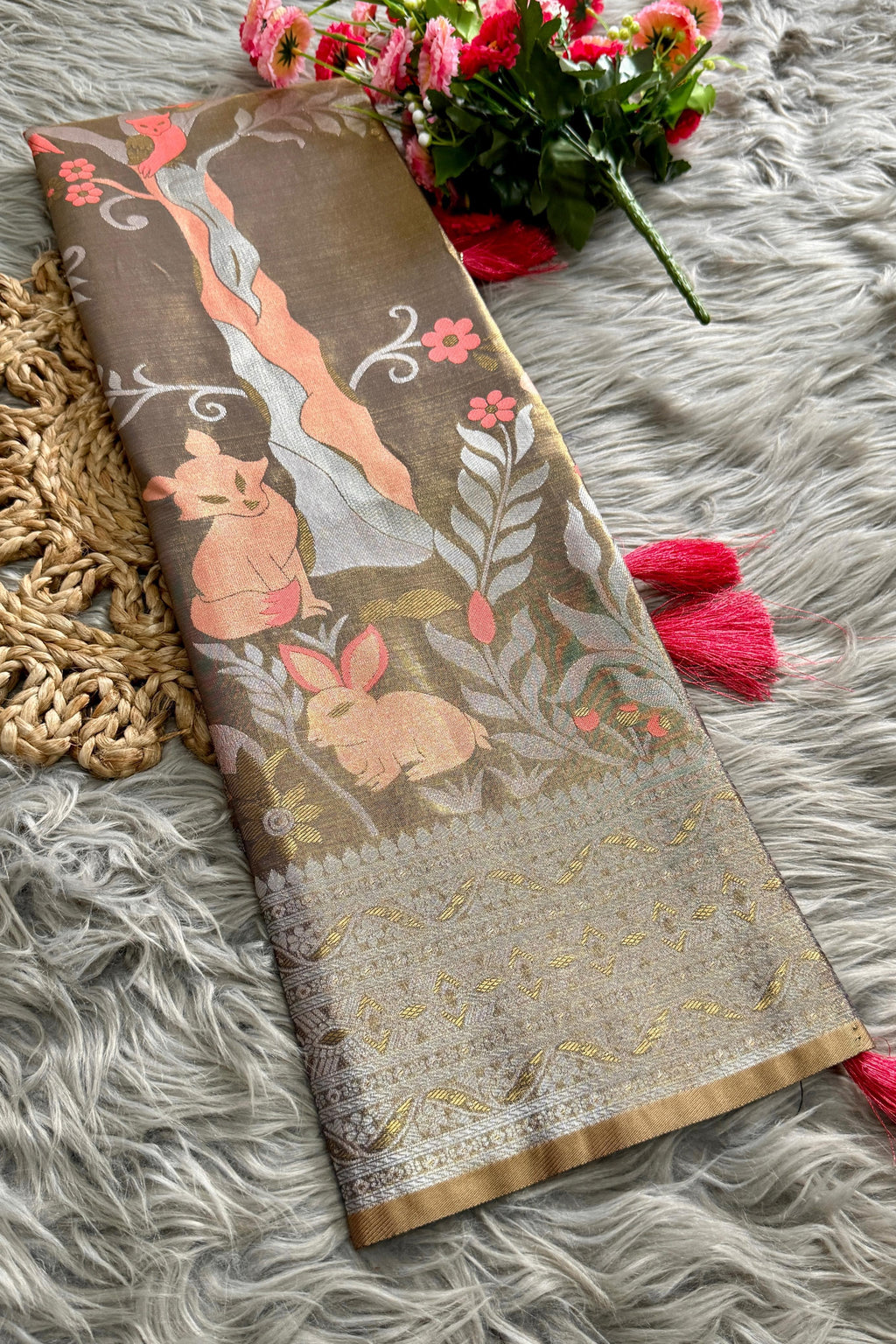 Nature’s Symphony Tissue Silk Saree – Deer & Jungle Motif Collection
