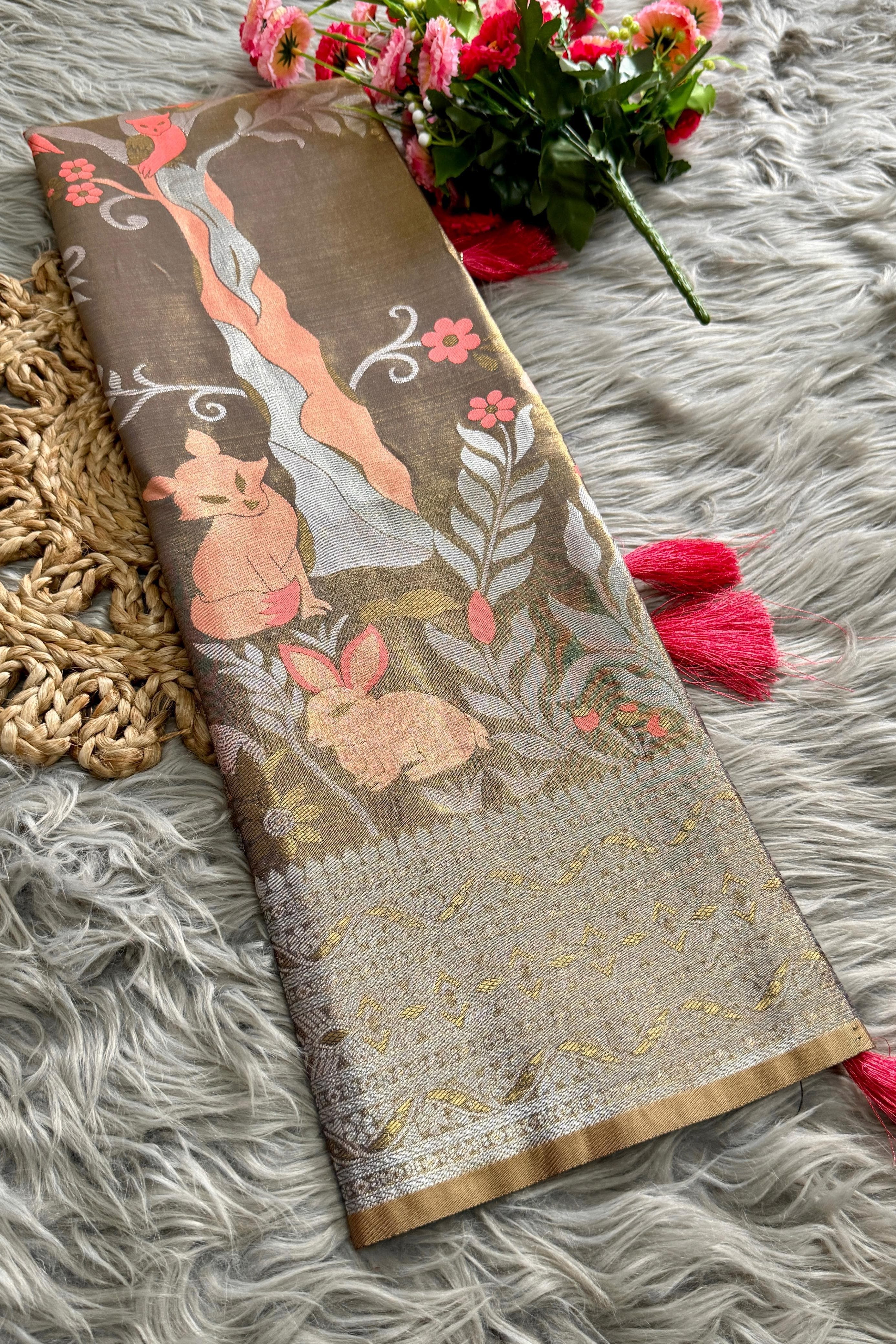 Nature’s Symphony Tissue Silk Saree – Deer & Jungle Motif Collection