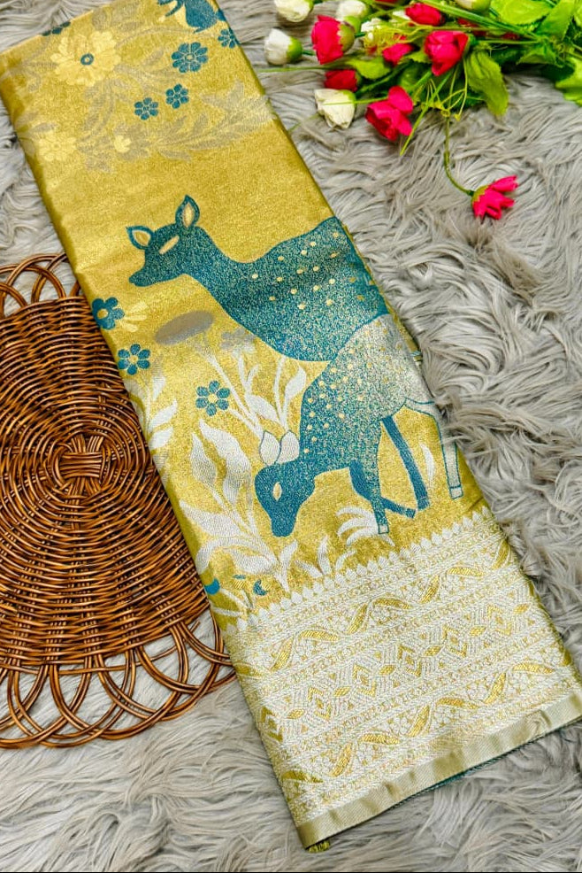 Golden Olive Nature’s Symphony Tissue Silk Saree – Teal Deer Motif Edition