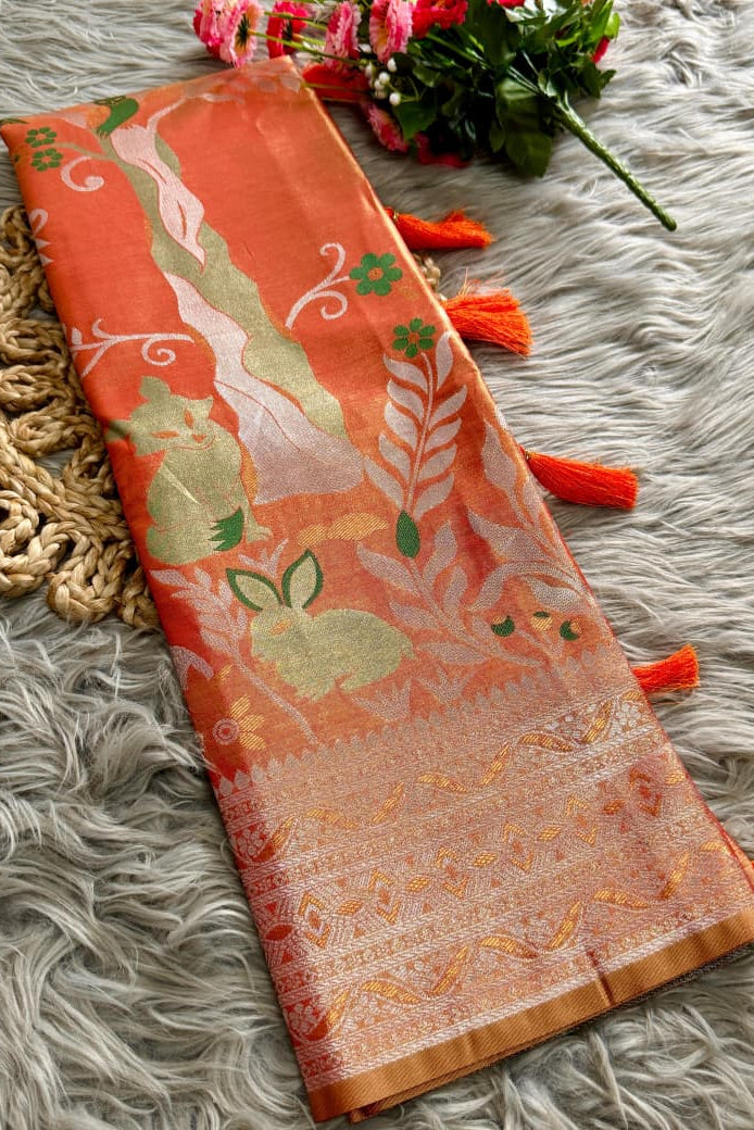 Terracotta Nature’s Symphony Tissue Silk Saree – Jungle Motif Edition
