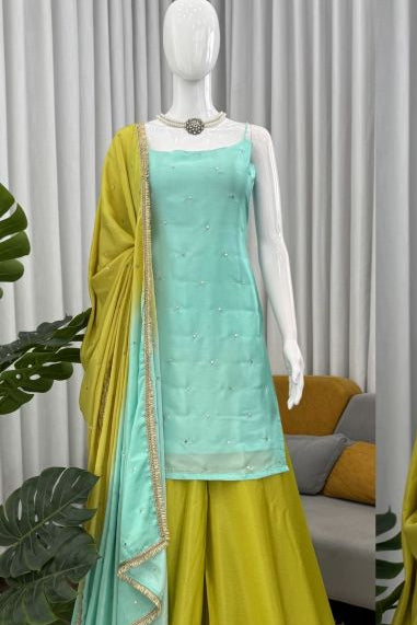 Aqua Lime Chinon Silk Sequins Palazzo Set with Designer Dupatta