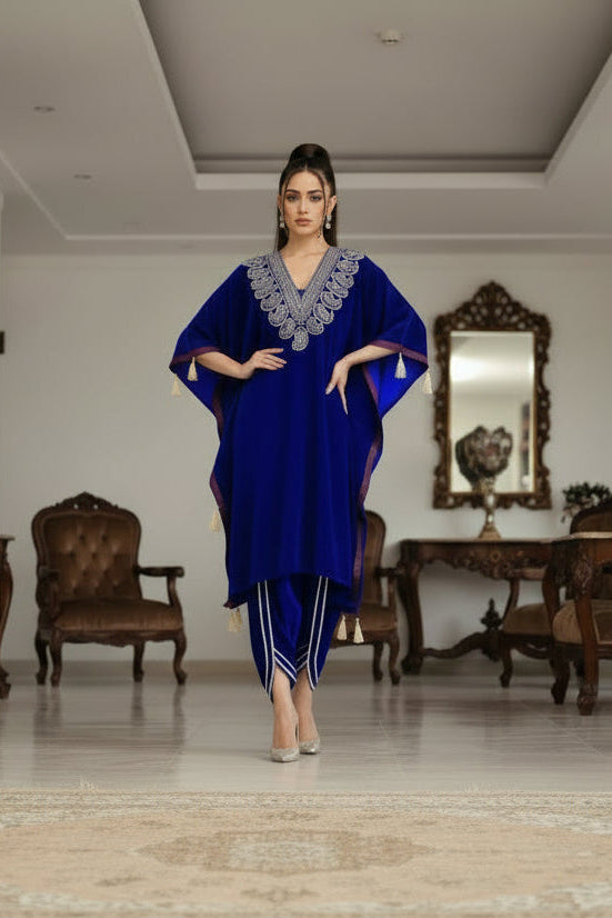 Royal Blue Velvet Kaftan Dhoti Pant Set with Embellished Neckline