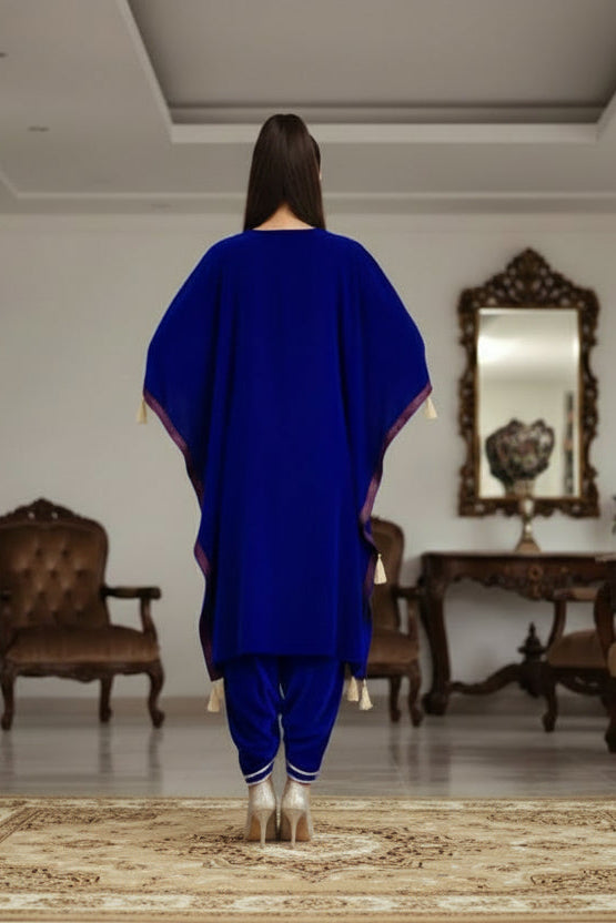 Royal Blue Velvet Kaftan Dhoti Pant Set with Embellished Neckline