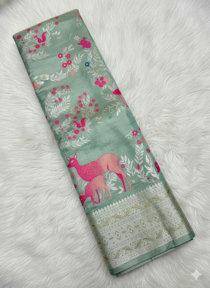 Pista Green Premium Tissue Silk Saree with Deer & Floral Zari Motifs