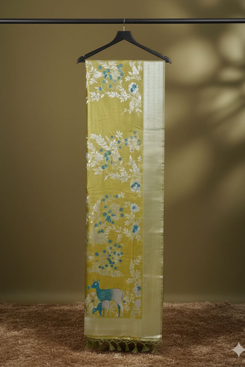 Golden Olive Nature’s Symphony Tissue Silk Saree – Teal Deer Motif Edition