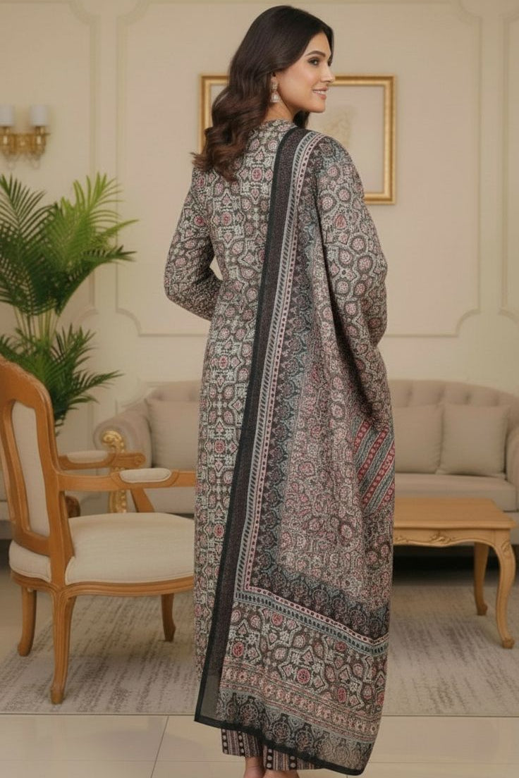 Ajrakh Inspired Pure Cotton Suit Set (Kurti, Pant & Dupatta) – Black & Multicolor