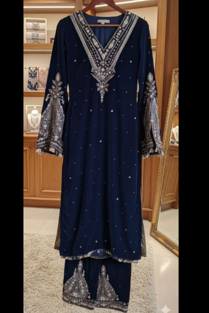 Navy Blue Premium Velvet Suit Set with Hand Embroidery & Chiffon Dupatta