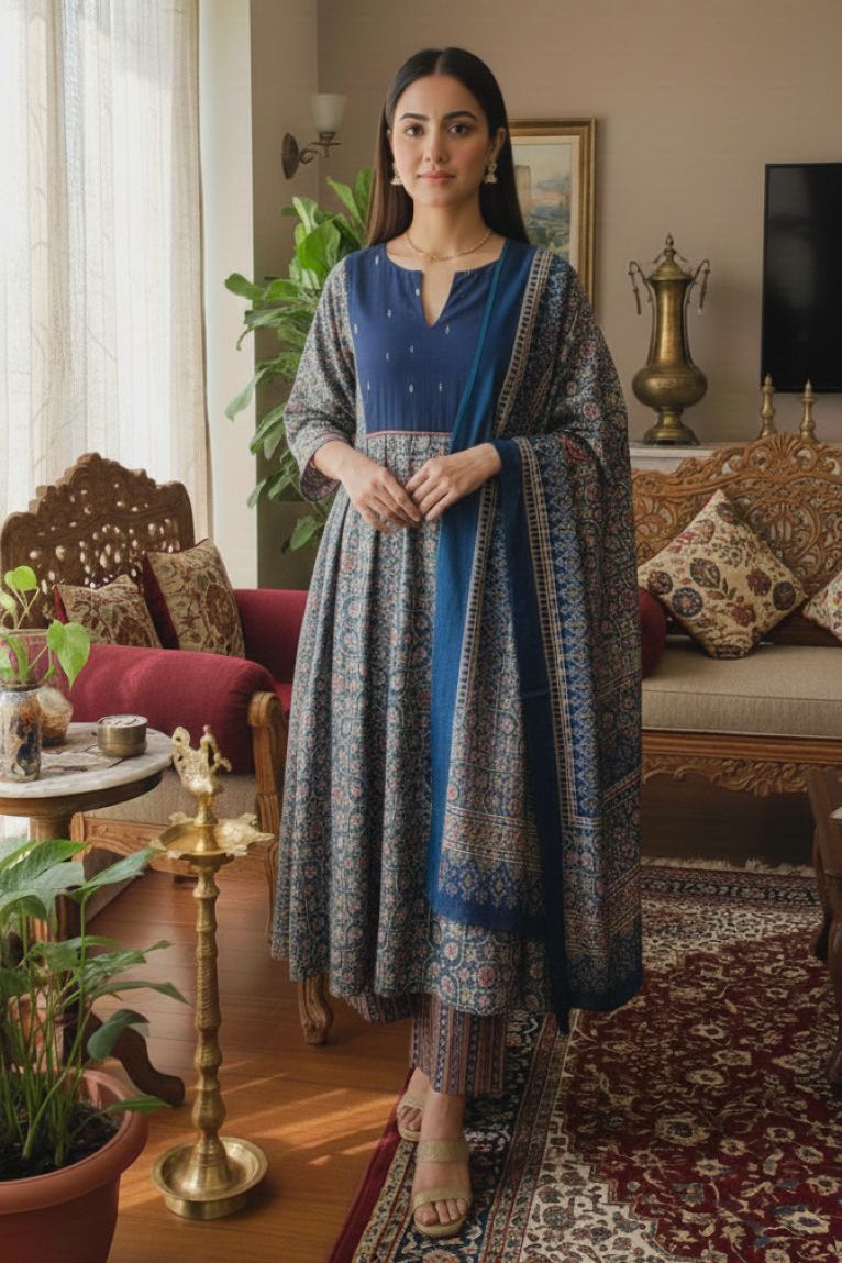 Navy Blue Ajrakh Print Straight Cotton Kurti Pant Set with Dupatta