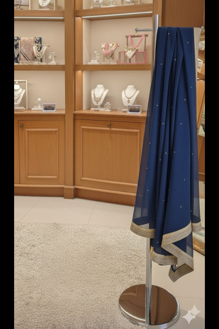 Navy Blue Premium Velvet Suit Set with Hand Embroidery & Chiffon Dupatta