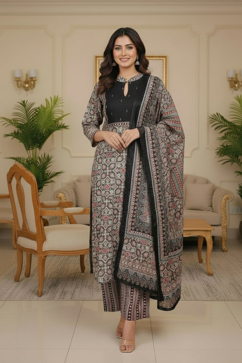 Ajrakh Inspired Pure Cotton Suit Set (Kurti, Pant & Dupatta) – Black & Multicolor