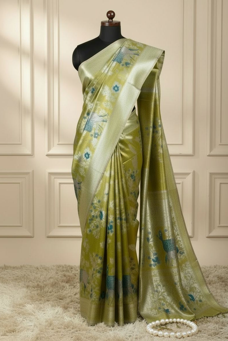 Golden Olive Nature’s Symphony Tissue Silk Saree – Teal Deer Motif Edition