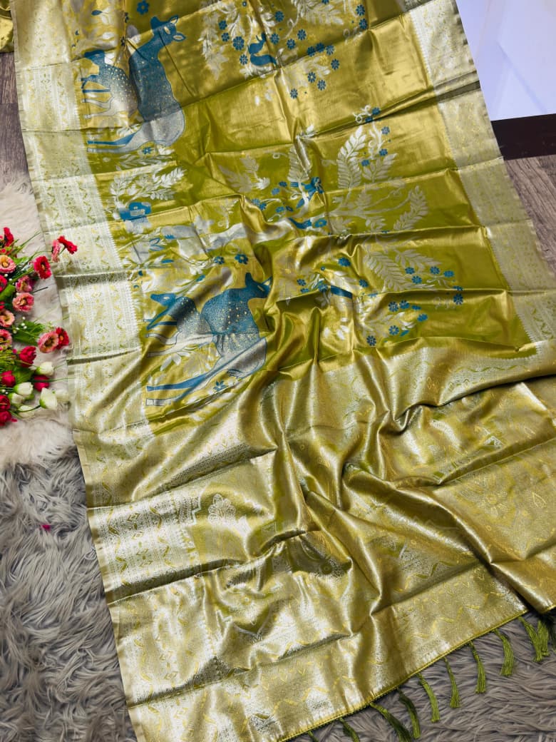 Golden Olive Nature’s Symphony Tissue Silk Saree – Teal Deer Motif Edition