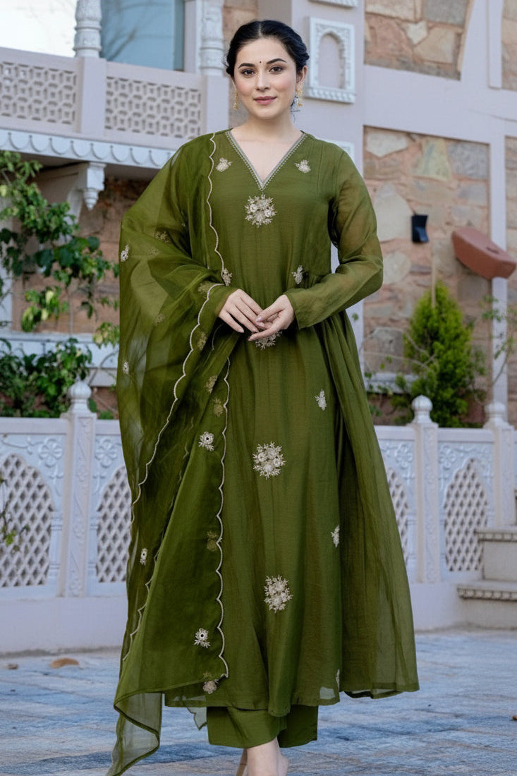 Sulochana Green Embroidered Anarkali Suit with Dupatta