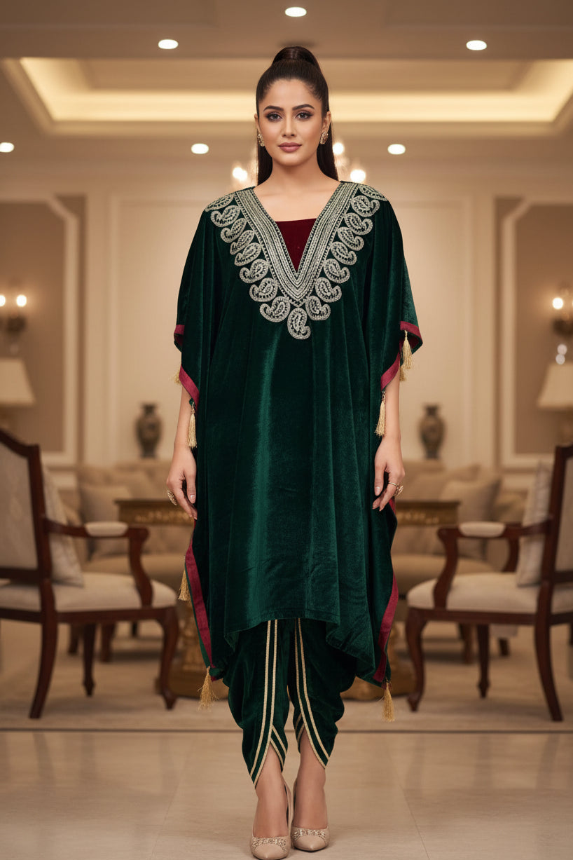 Royal Blue Velvet Kaftan Dhoti Pant Set with Embellished Neckline