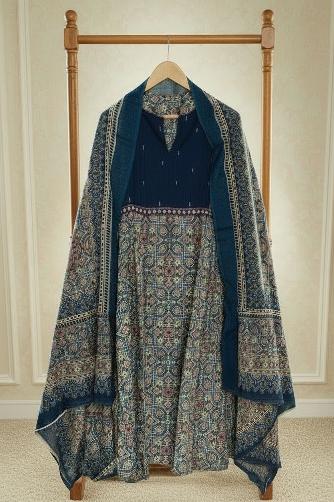 Navy Blue Ajrakh Print Straight Cotton Kurti Pant Set with Dupatta