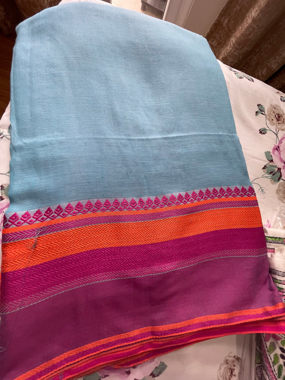 Sky Blue Cotton Linen Saree with Magenta & Orange Woven Border