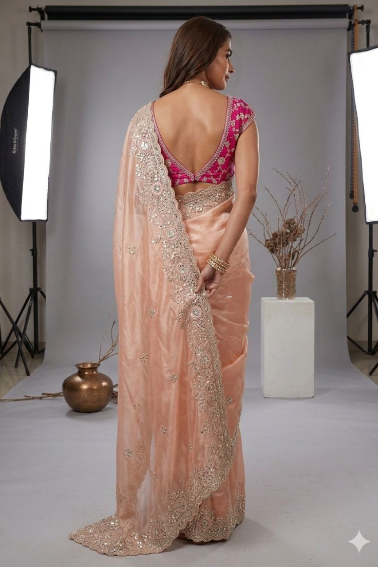 Blush Peach Soft Organza Tissue Saree with Hand Embroidery & Contrast Blouse