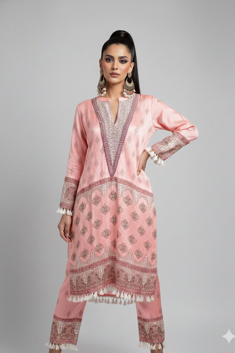 Blush Pink Chinon Silk Cord Set with Seashell & Jute Lace Border