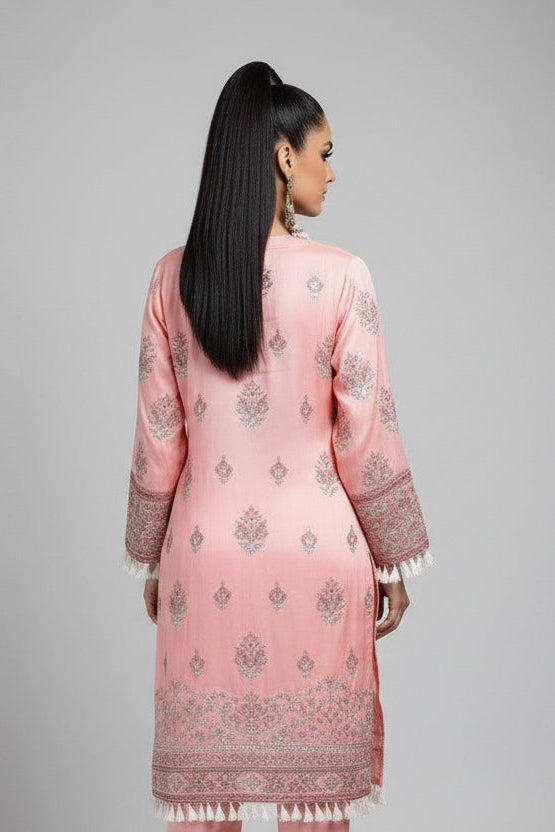 Blush Pink Chinon Silk Cord Set with Seashell & Jute Lace Border